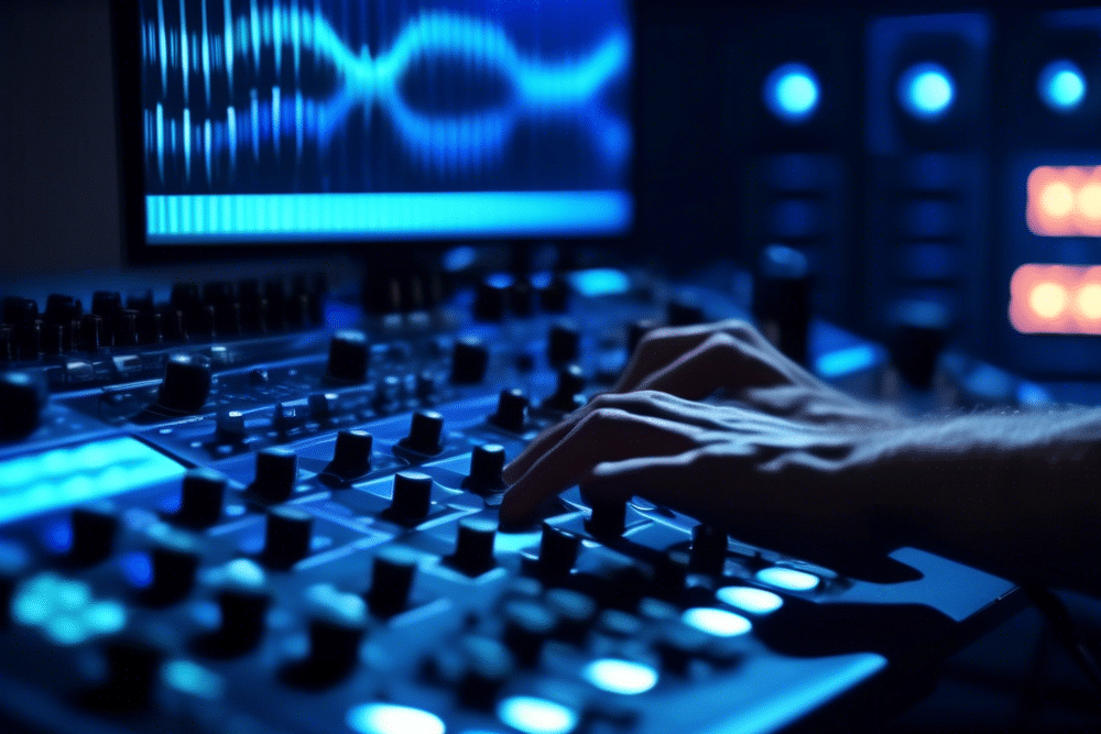 Act of Rage producing hardstyle track in a dimly lit studio