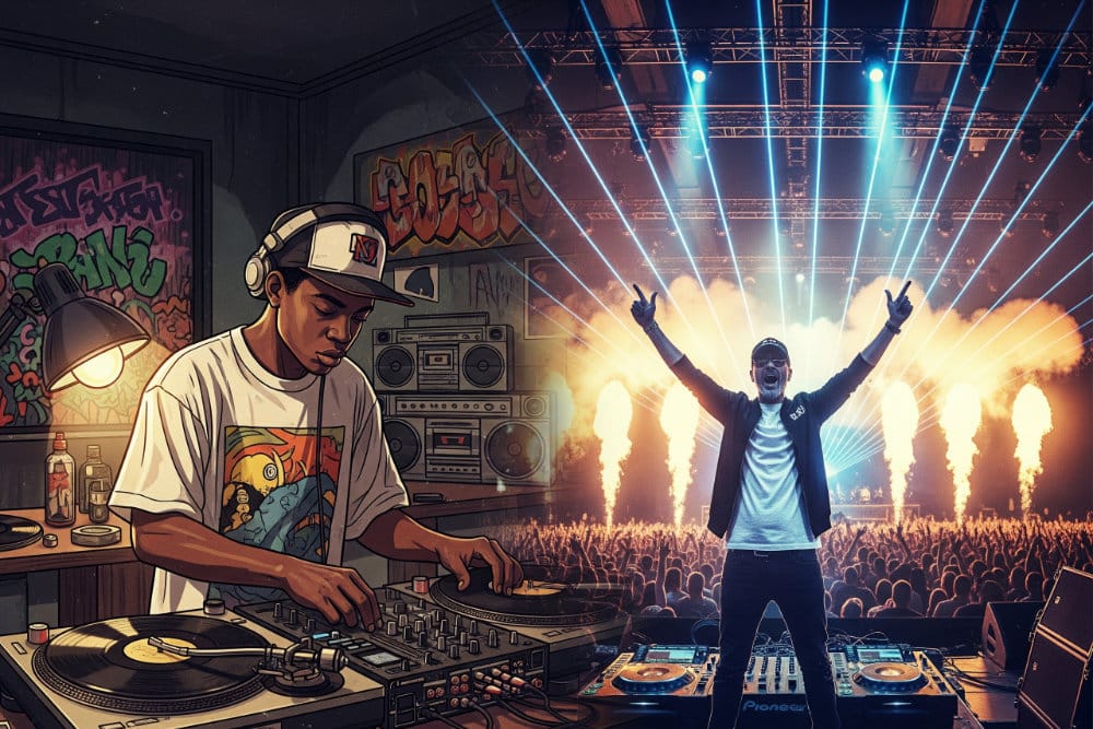 An artistic depiction of The Prophet's career evolution from a 90s hip hop DJ to a modern hardstyle music pioneer and icon