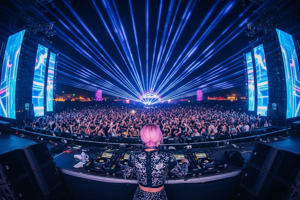Artist on stage at a major hardstyle festival