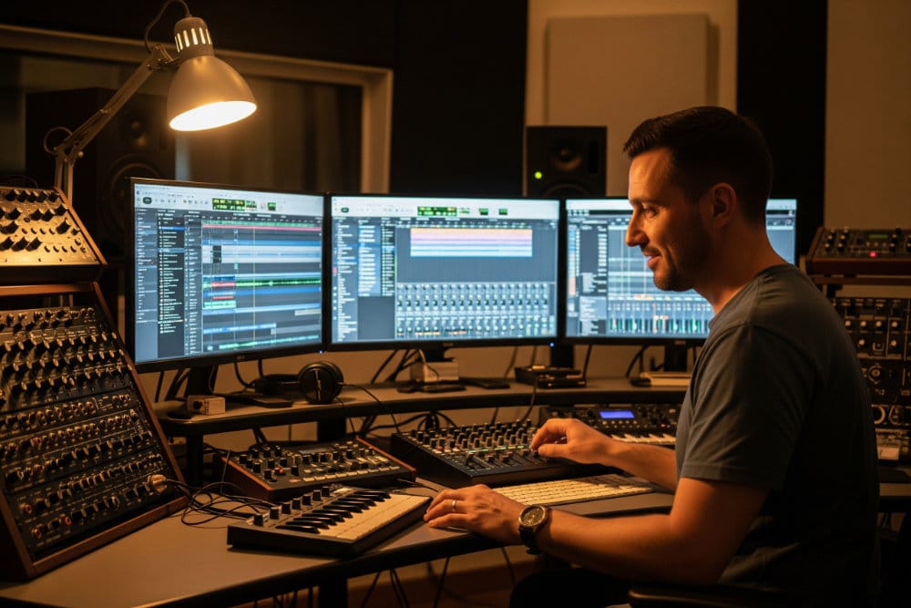 DJ in his music studio creating a new hardstyle track