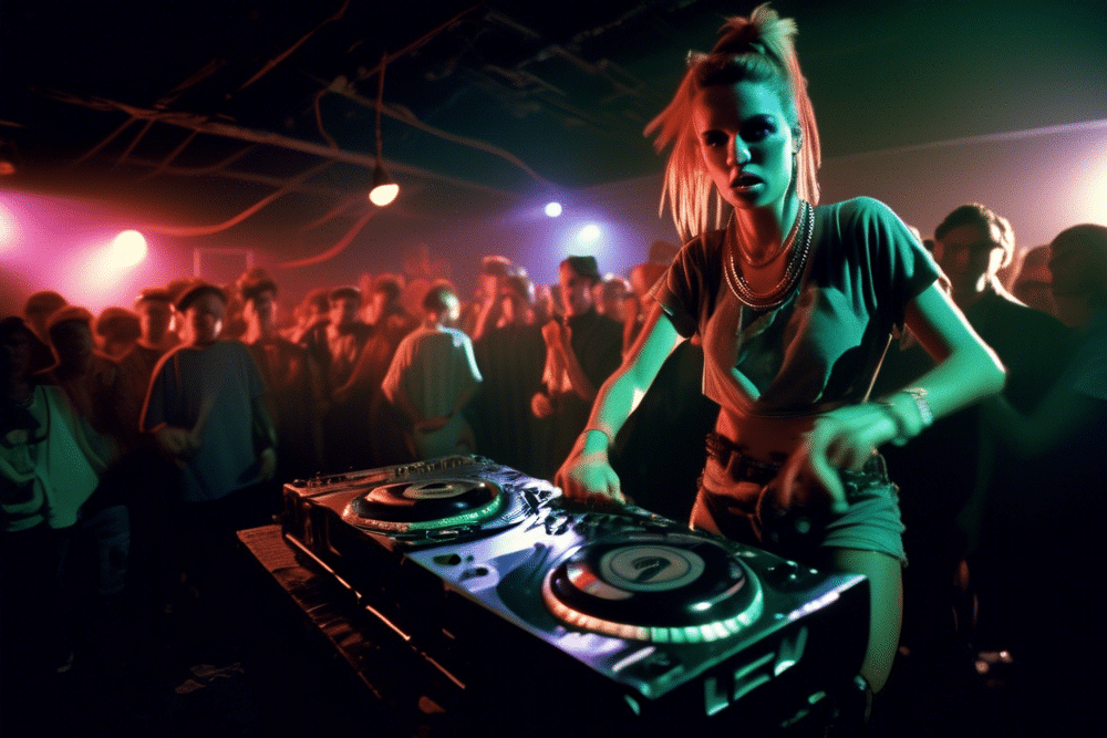 Female DJ performing a high energy gabber set at an underground rave