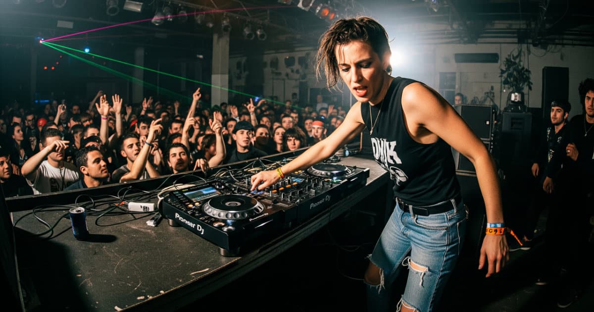 Female hardstyle artist performing a set at an hard dance party