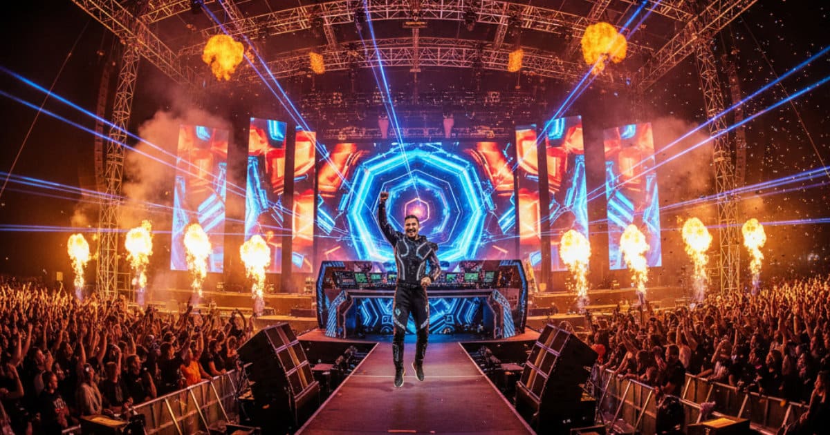 Hardstyle DJ live auf der Bühne eines großen Festivals