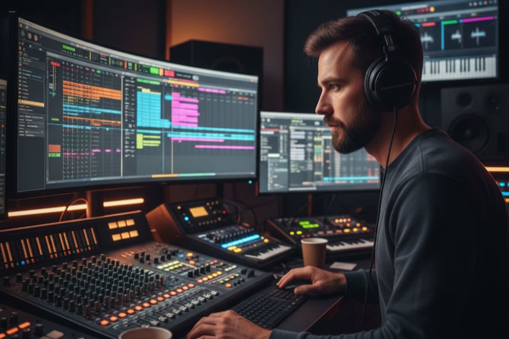 Hardstyle Produzent im Tonstudio beim Produzieren