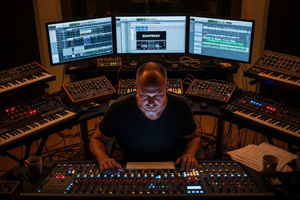 Producer in his music studio producing hardstyle tracks for the label Scantraxx