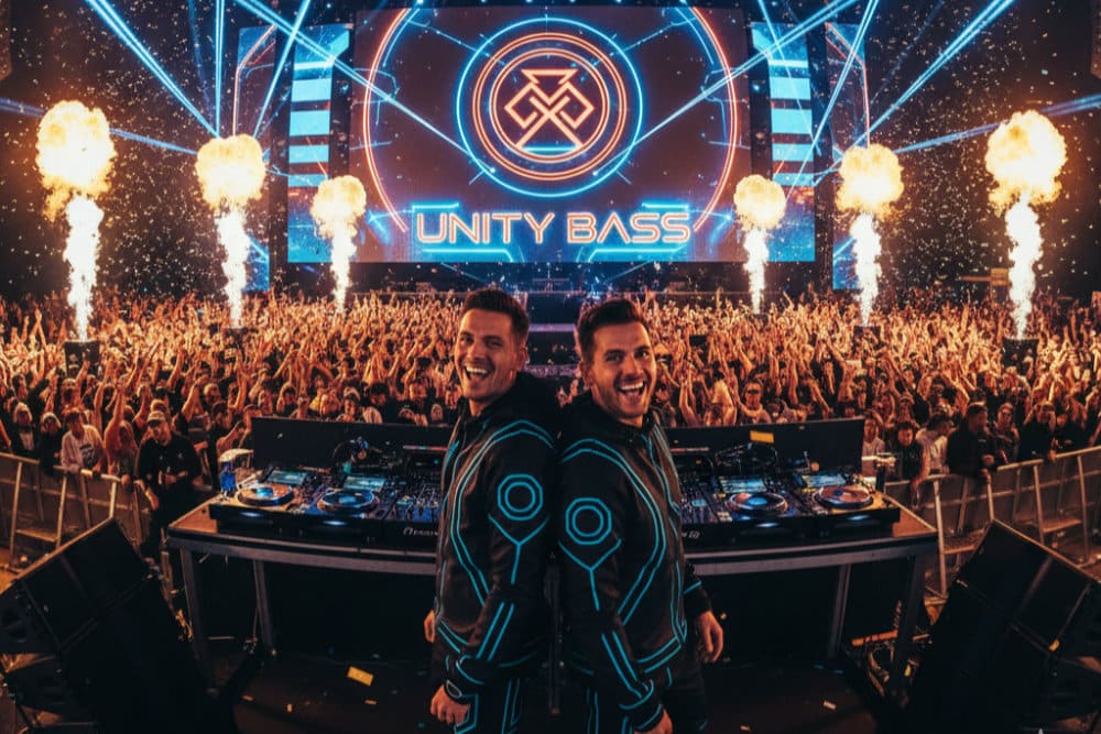 Zwei DJs bei einem gemeinsamen Festival Auftritt