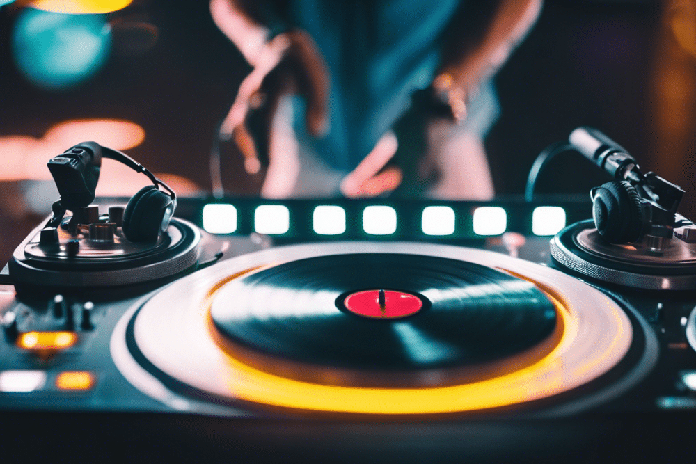 a dj stands at the turntable and plays hardstyle remixes