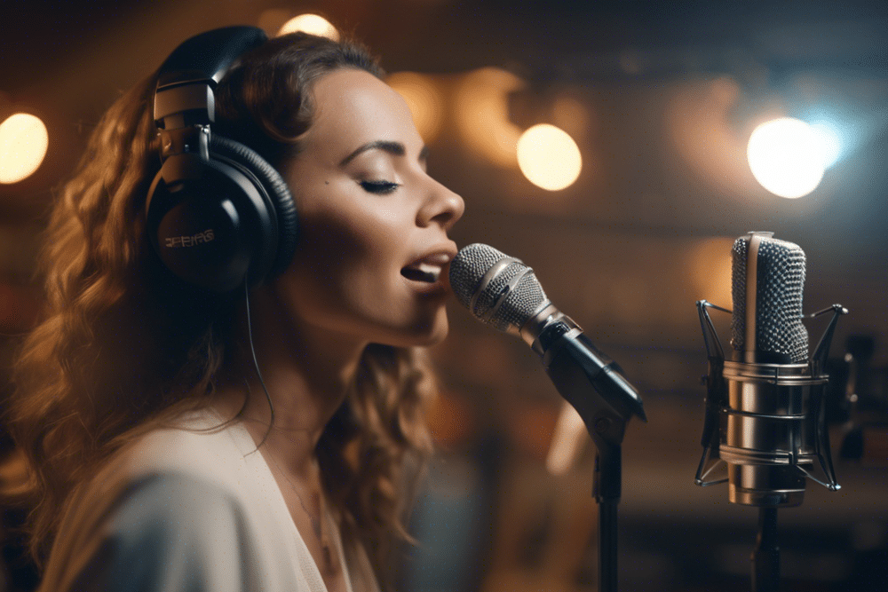 a female singer singing in music studio