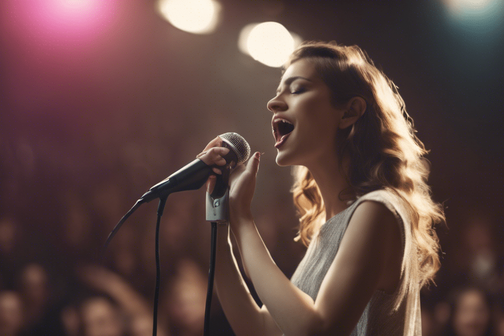 a female singer stands at the microphone and sings