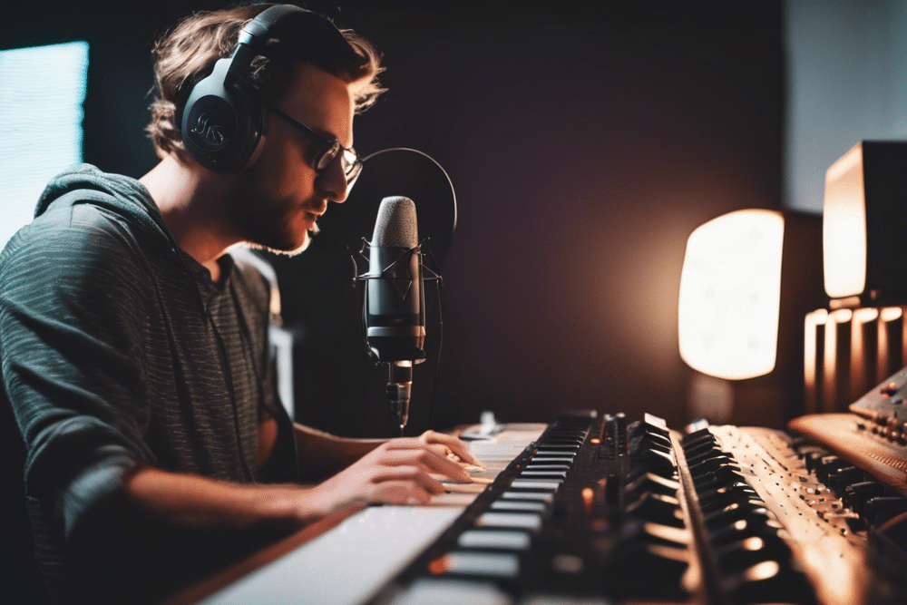 a music producer playing on his keyboard in home studio