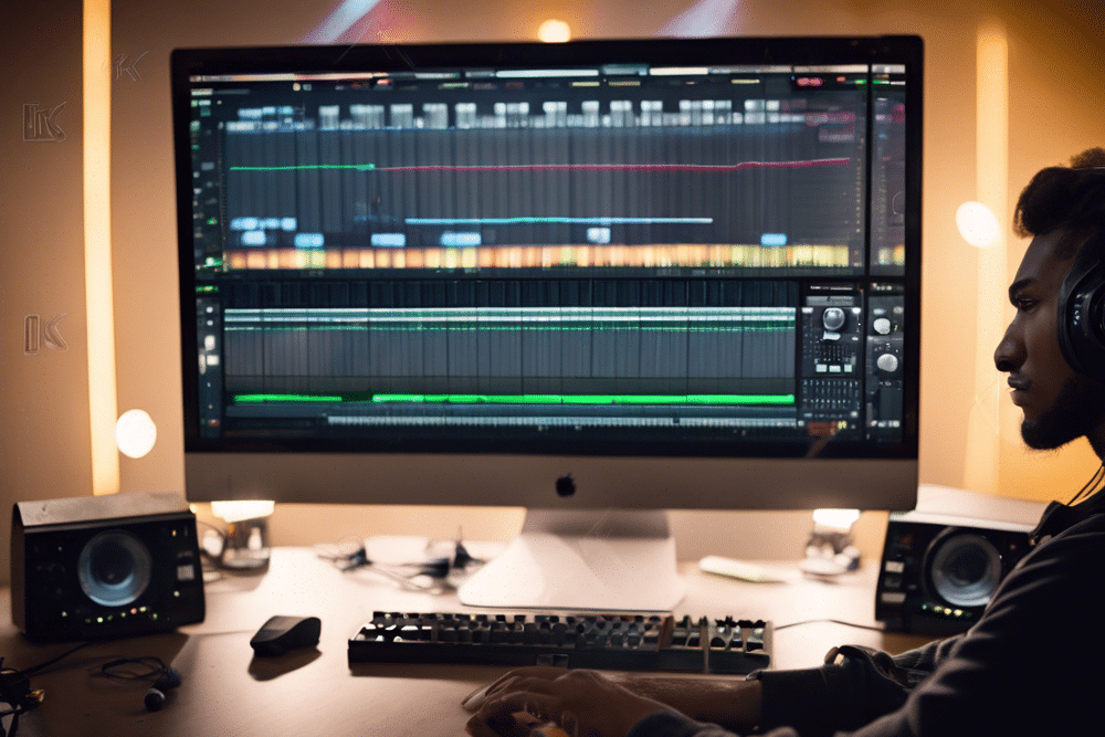 a music producer sits at the monitor in the studio