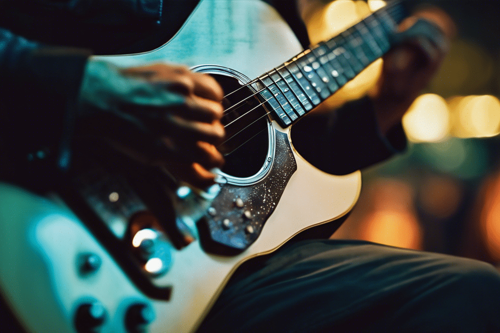 a musician plays on a guitar