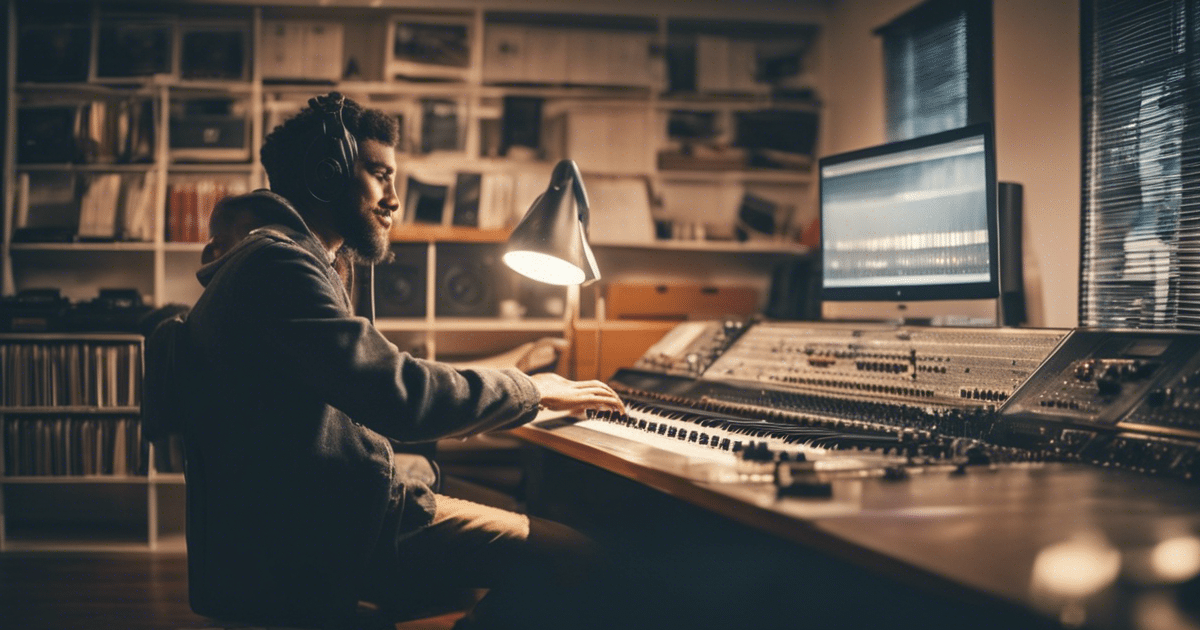 a musician sits in a studio with many records in the cupboard in the background