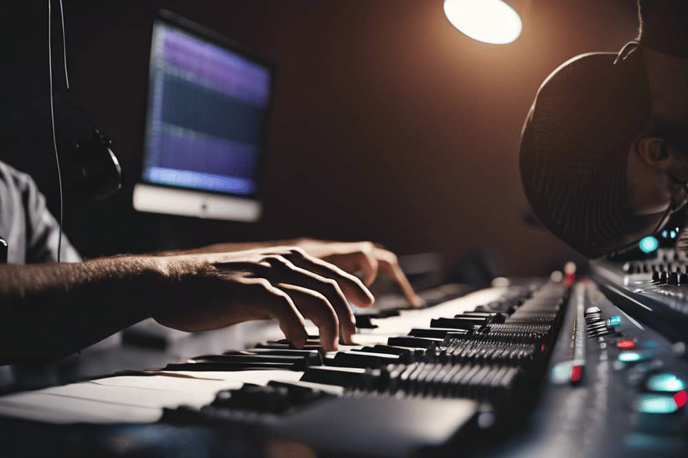 a producer playing keyboard in studio