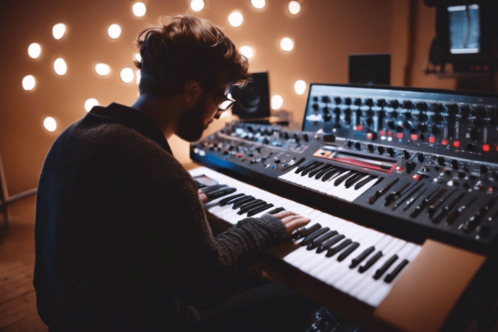 a producer plays on a synthesizer in his studio