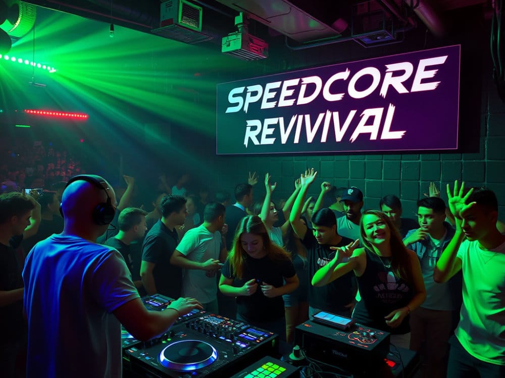 dj and party crew in a speedcore club