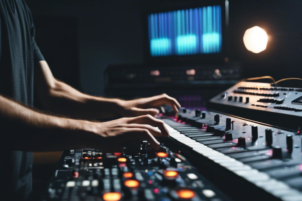 edm producer playing on keyboard in music in studio