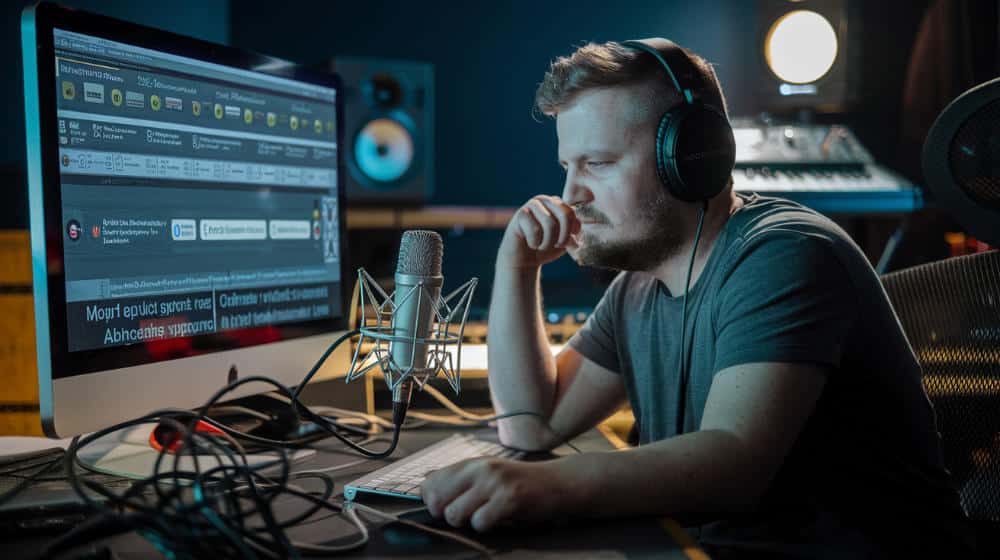 man with headphones making music in home studio