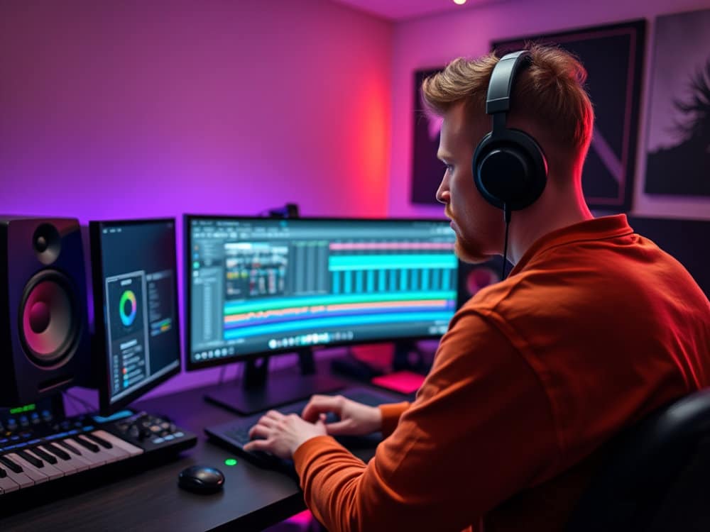 music producer making hardstyle in a home studio