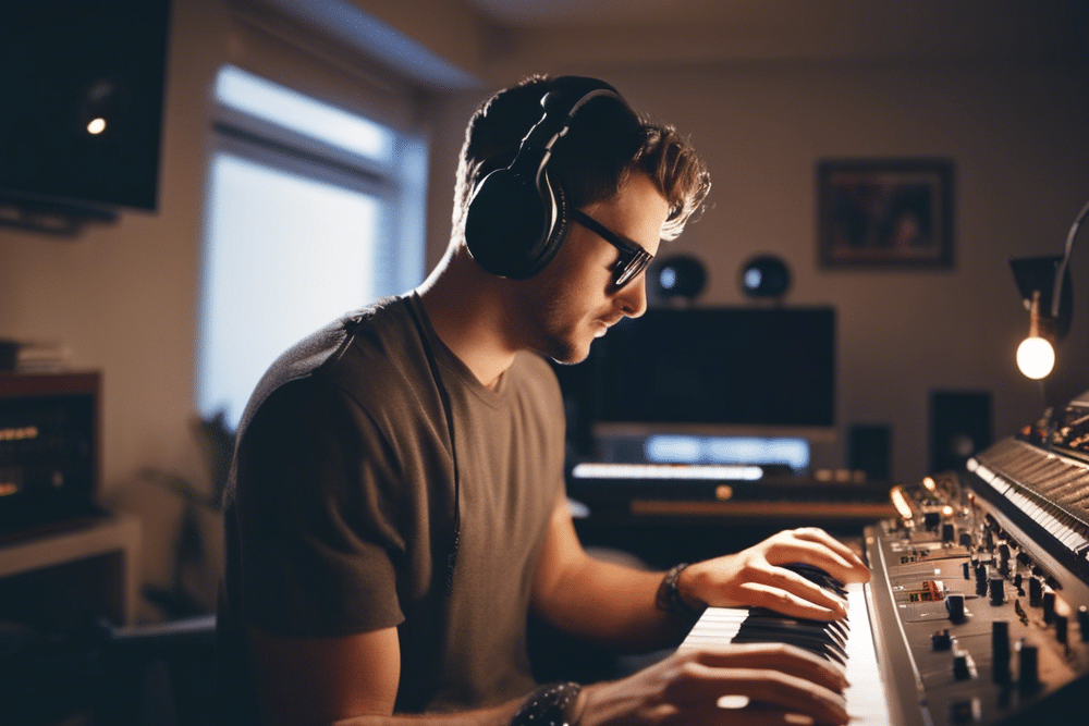 music producer playing keyboard in a home studio