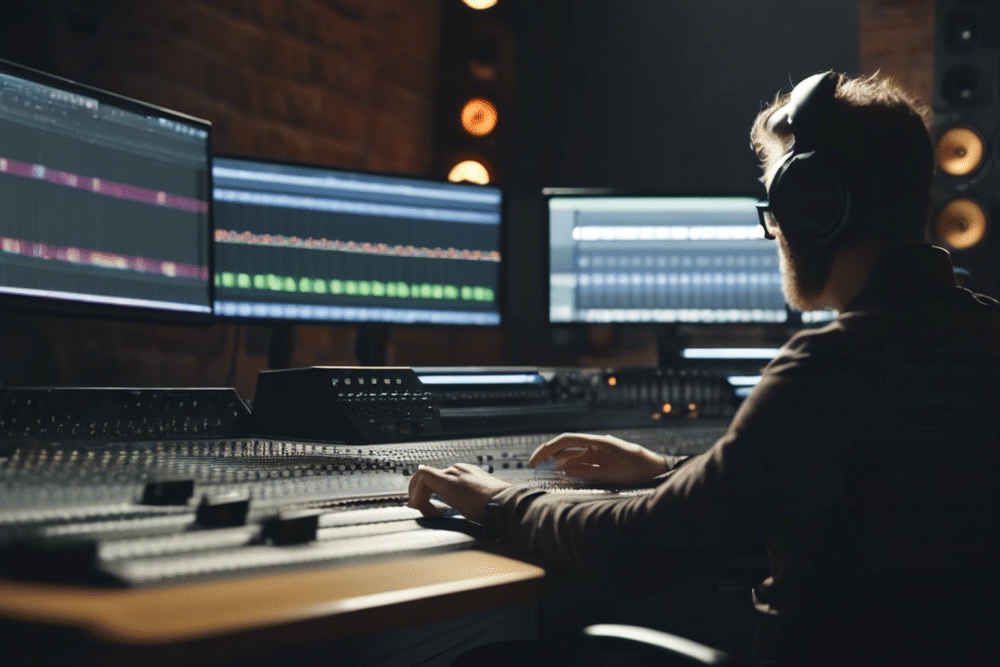 music producer sits at monitors in the studio and adds presets to fl studio