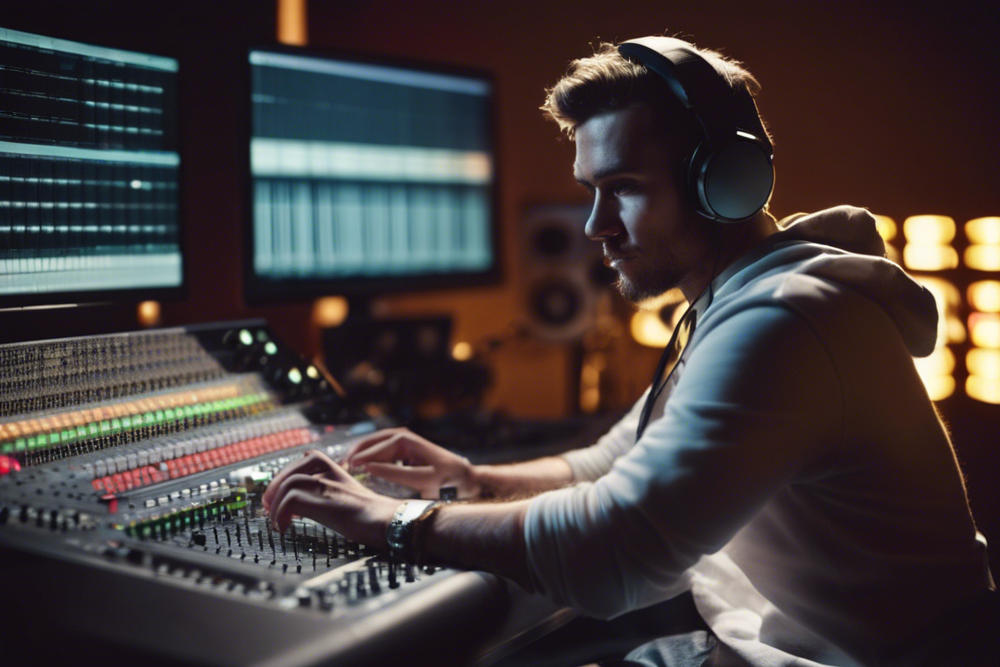 music producer sitting at mixer in music studio