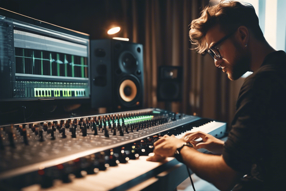 producer playing keyboard in a music studio